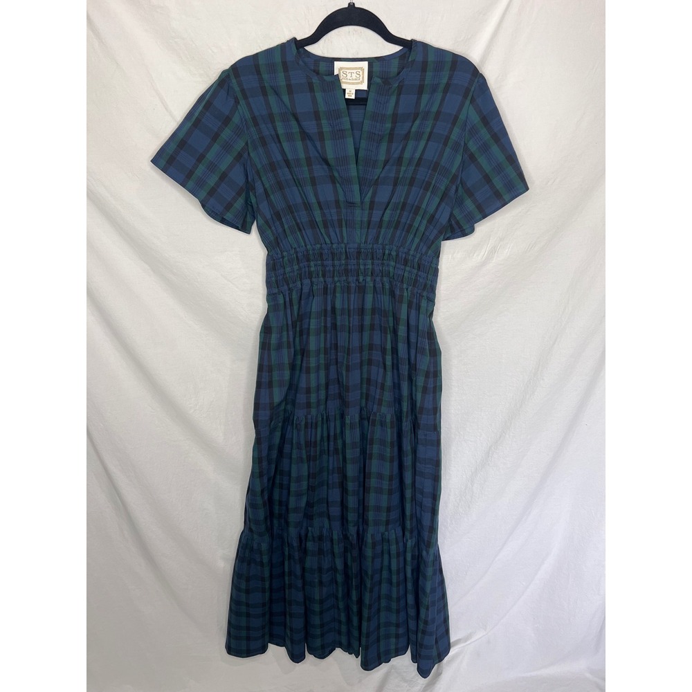 Sail to Sable STS Blue Green Blackwatch Plaid Maxi Dress Womens Sz Medium Tiered